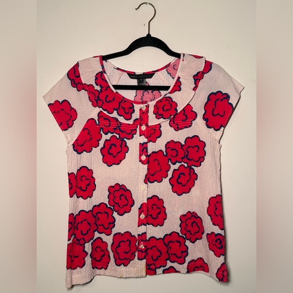 Marc Jacobs Ruffle Collar Floral Blouse | Size 8 | Button Front Short Sleeve Top - Picture 2 of 4